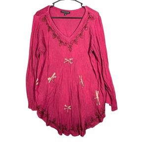 Greater‎ Good Tunic Womens L/XL Red Embroidered Dragonfly Boho Whimsigoth Flowy